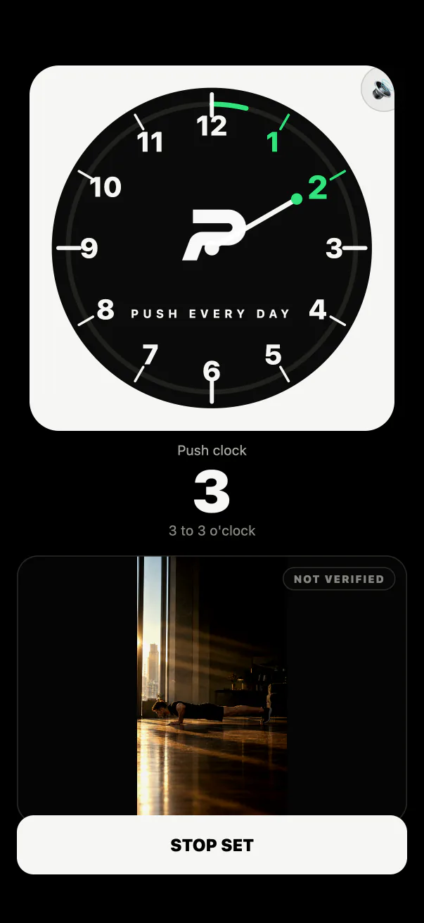 PushApp Clock screen with the push clock dial ready for a set