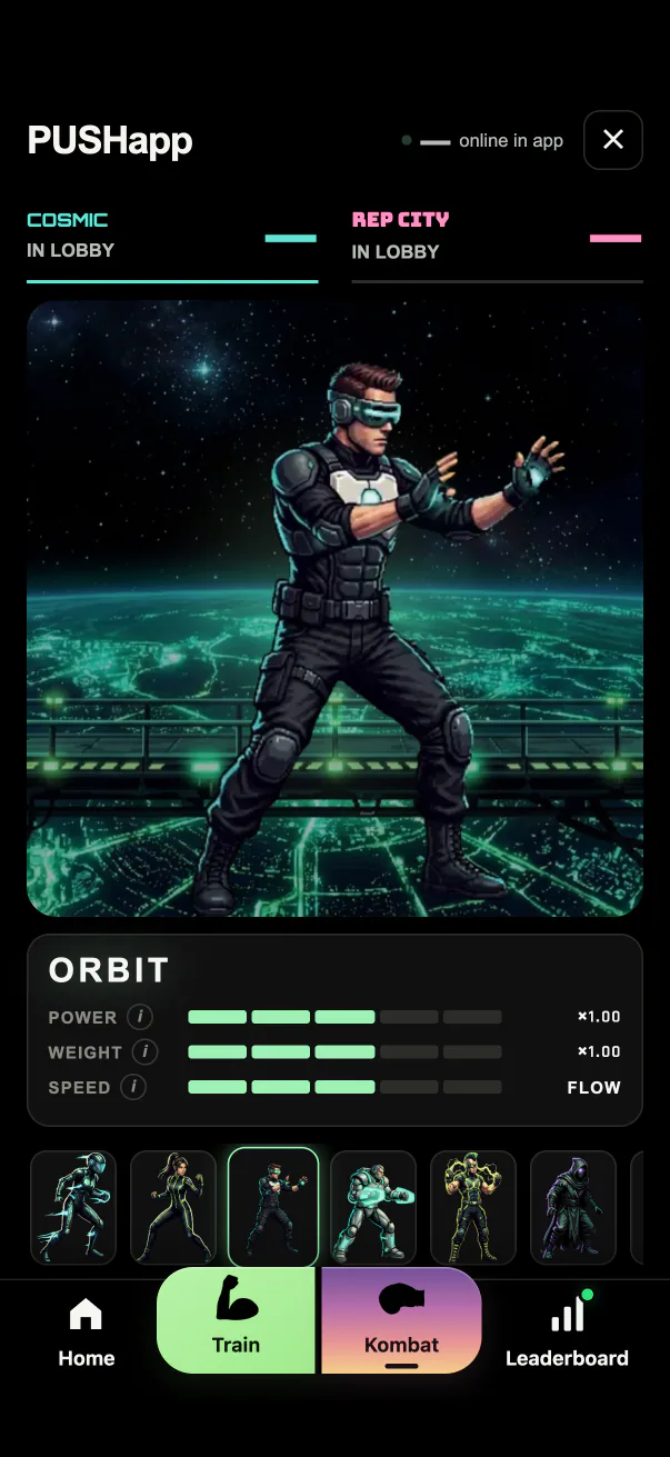 PUSH KOMBAT fighter select screen showing the Orbit fighter and his power, weight and speed