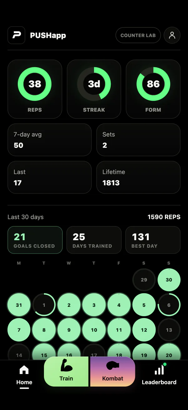 PUSHapp progress screen with reps, streak and form rings and a 30-day calendar of closed goals