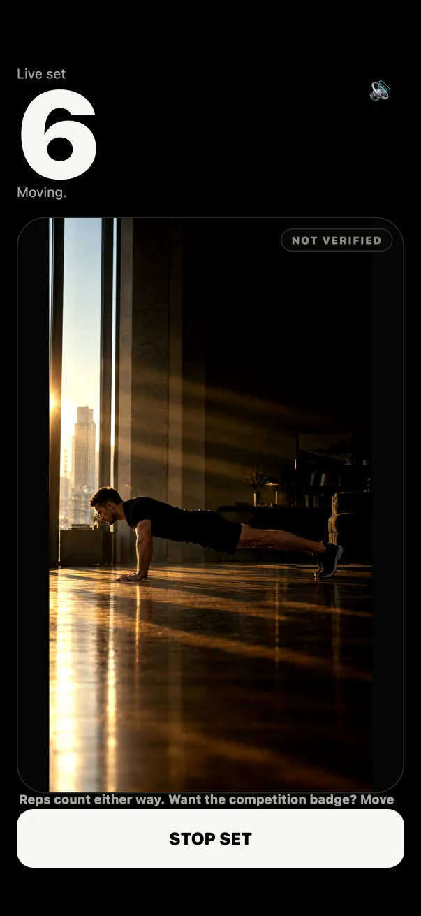 PUSHapp counting push-ups live from the phone camera with the rep counter on screen
